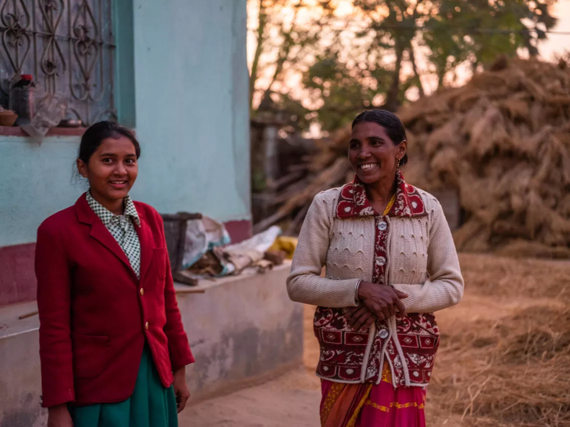 14 years old Namita Kumari( Health Minister) 9th Grade student poses for a photograph with her mother