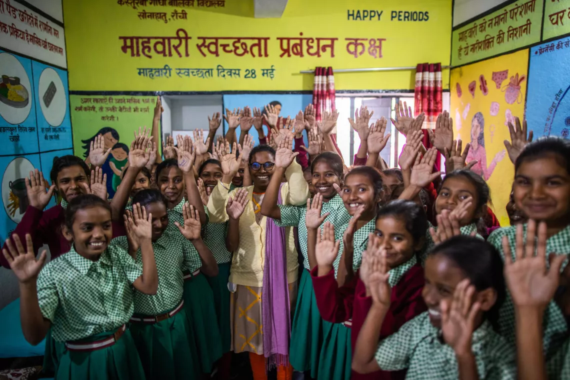 Teacher Sarojini Toppo gives awareness class about menstrual and general hygeine to the students.